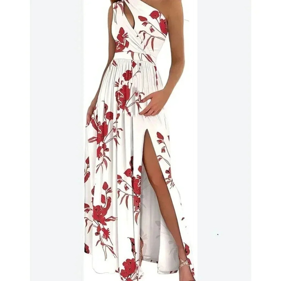SILKY RED WHITE FLORAL 1 SHOULDER MAXI DRESS SUNDRESS~S/L ZIP - Picture 1 of 7
